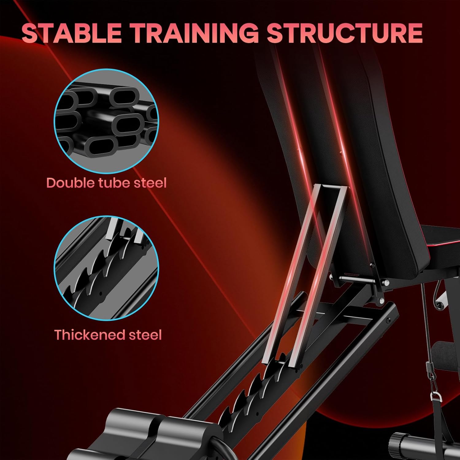 Fitnessbank met een stabiele trainingsstructuur, voorzien van dubbele stalen buizen en verdikte stalen onderdelen.