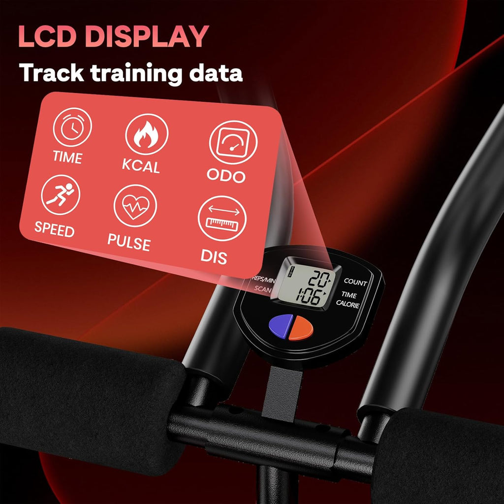 Console van de hometrainer met lcd-scherm waarop diverse trainingsgegevens op een donkere achtergrond worden weergegeven.