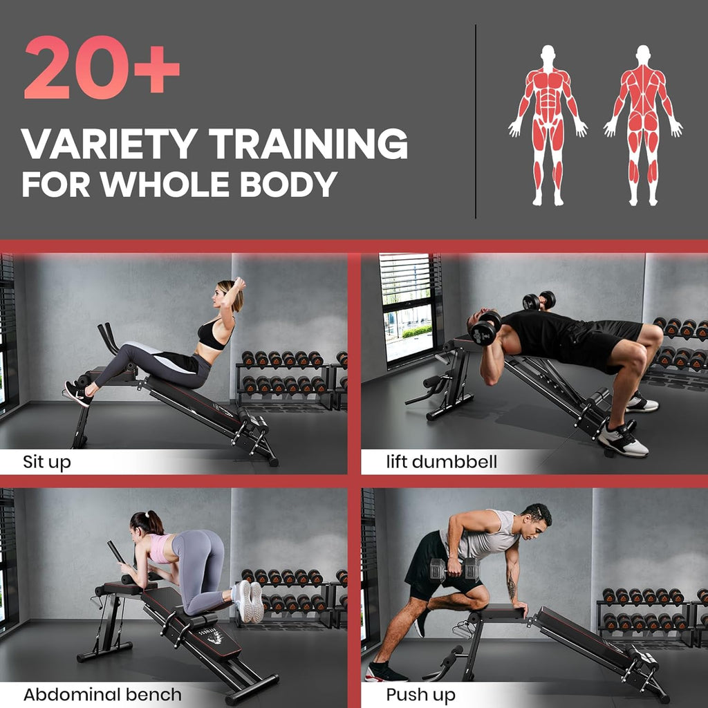 Een sportschool met mensen die aan het sporten zijn, en een tekst over gevarieerde training voor het hele lichaam.