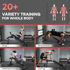 Een sportschool met mensen die aan het sporten zijn, en een tekst over gevarieerde training voor het hele lichaam.