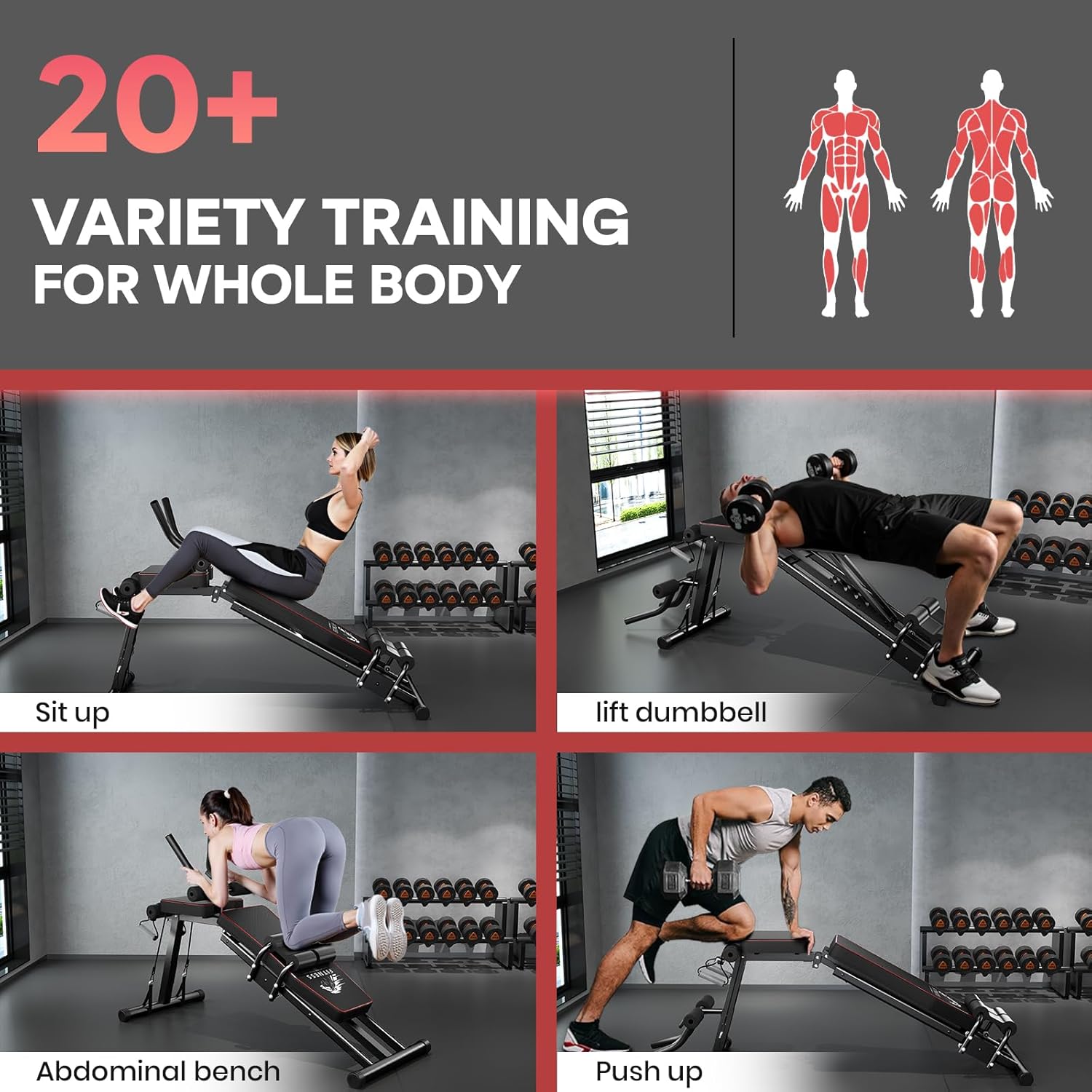 Een sportschool met mensen die aan het sporten zijn, en een tekst over gevarieerde training voor het hele lichaam.