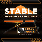Stevige trainingsbank met de tekst 'Stable Triangular Structure' en 'Heavy-Duty Quality Steel' op een donkere achtergrond.