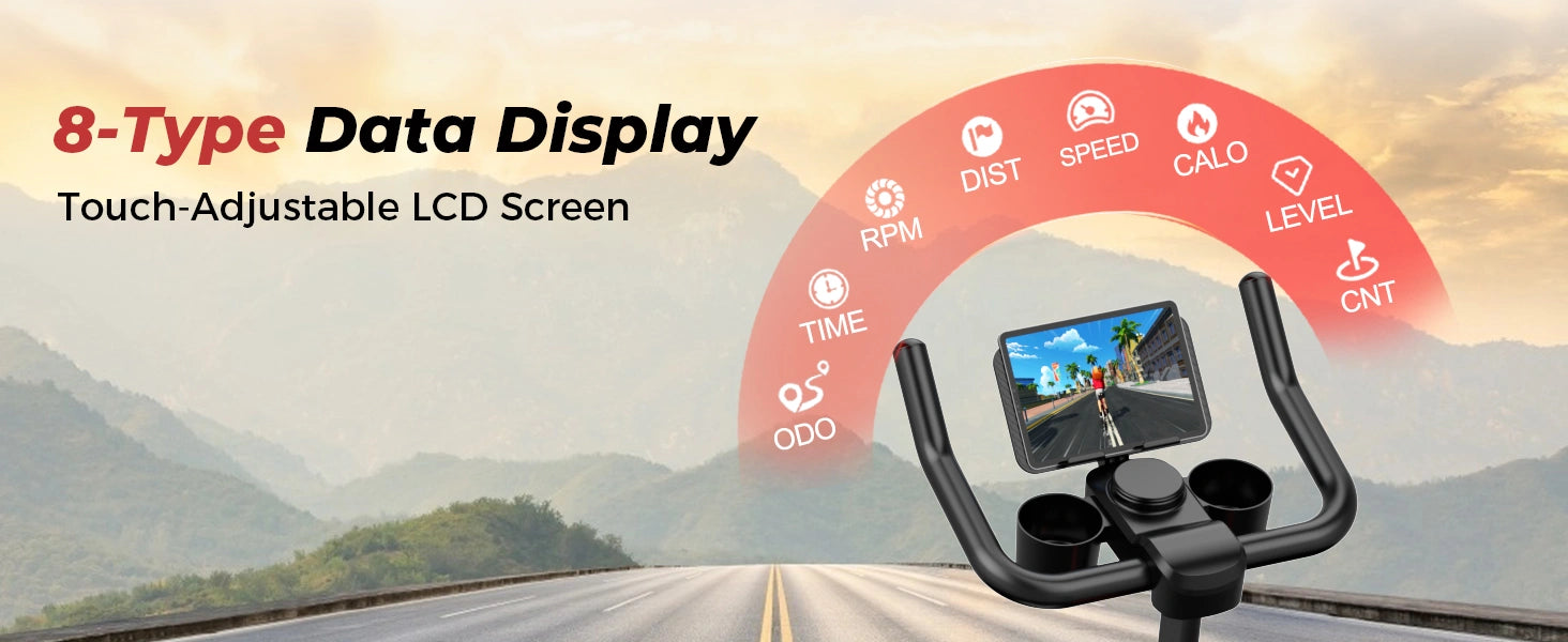 Fitnessfiets met digitaal display en achtergrond van een bergweg