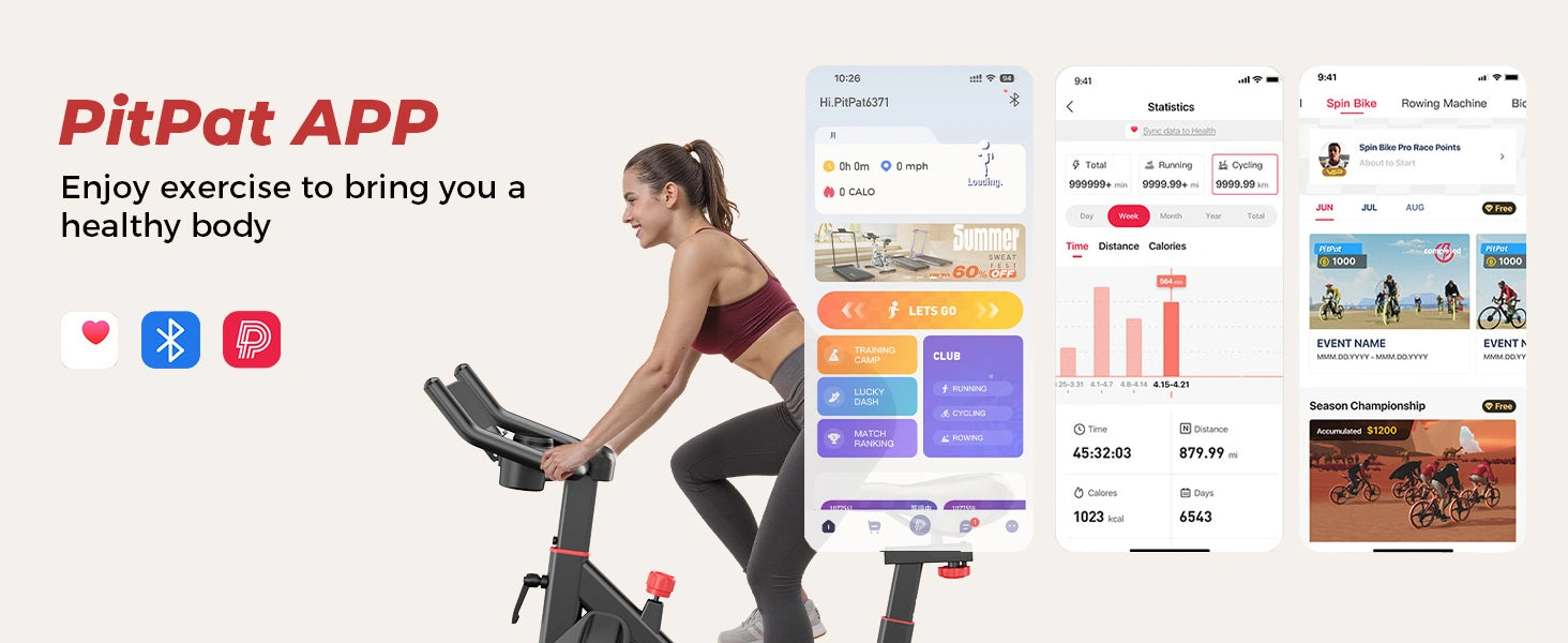 De interface van de PitPat-app toont een vrouw die op een hometrainer traint en de functies van de app op een smartphonescherm laat zien.