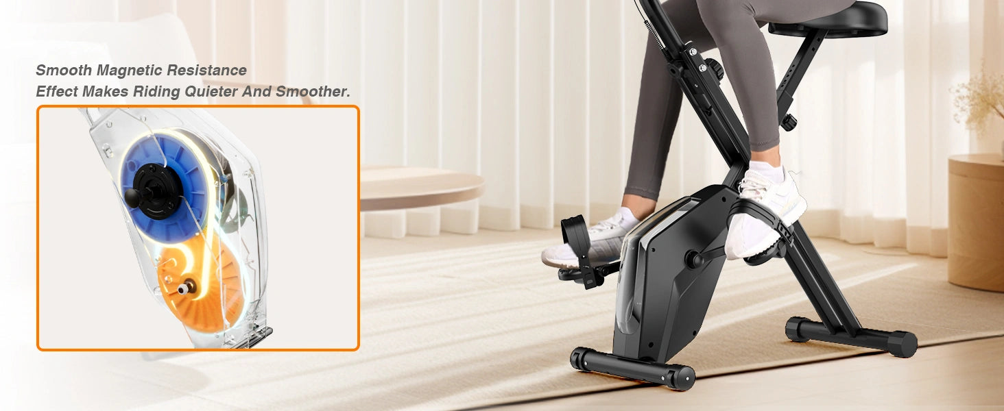 Persoon die een hometrainer met magnetische weerstand gebruikt, met een close-up van het weerstandsmechanisme.