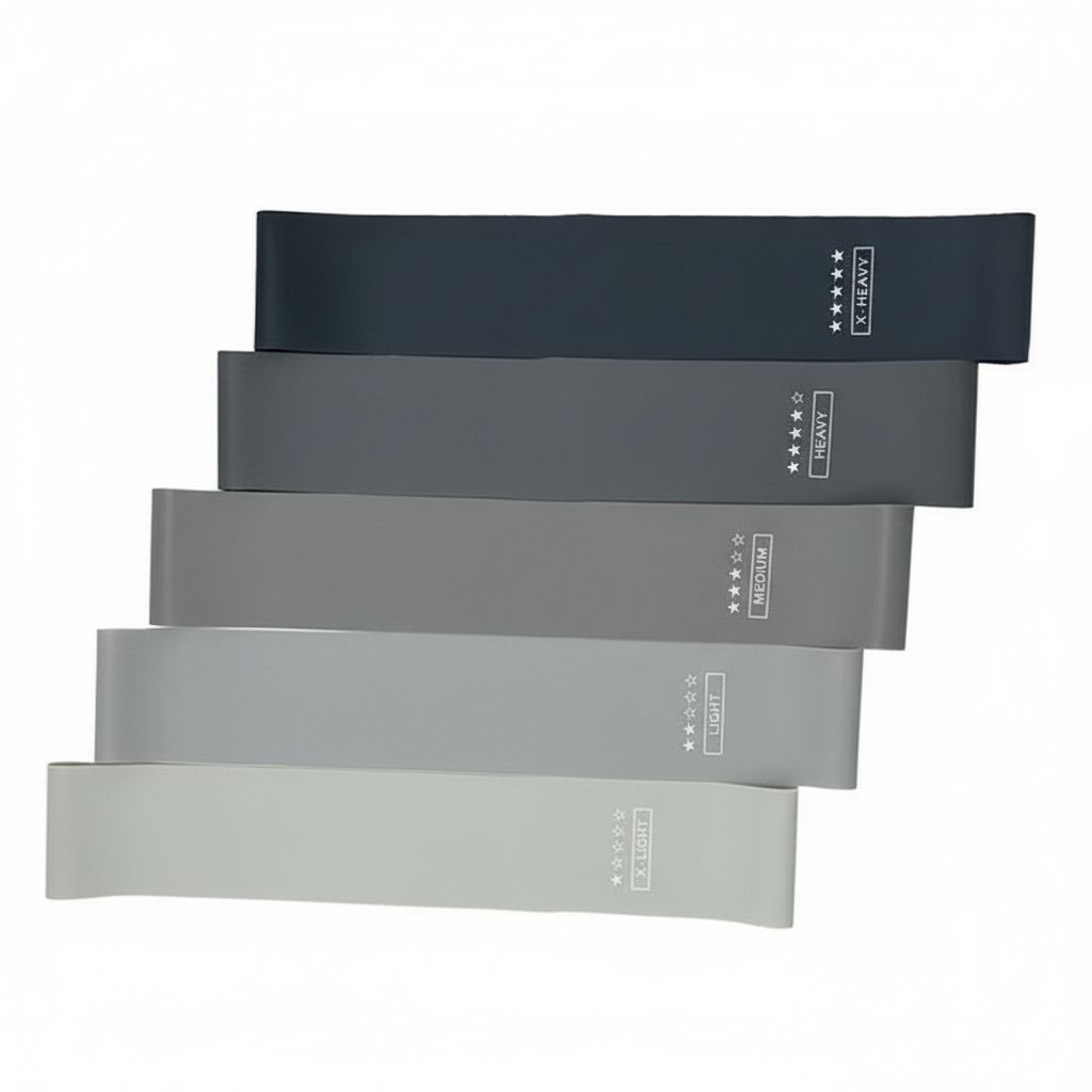 Set van 5 zwarte, grijze en witte weerstandsbanden op een witte achtergrond.