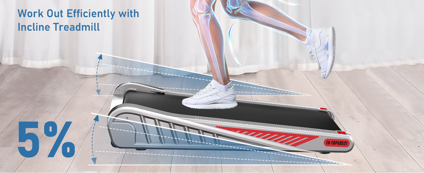 Een hellende loopband met een persoon erop, waarbij de botten van een been zichtbaar zijn op een transparante overlay.