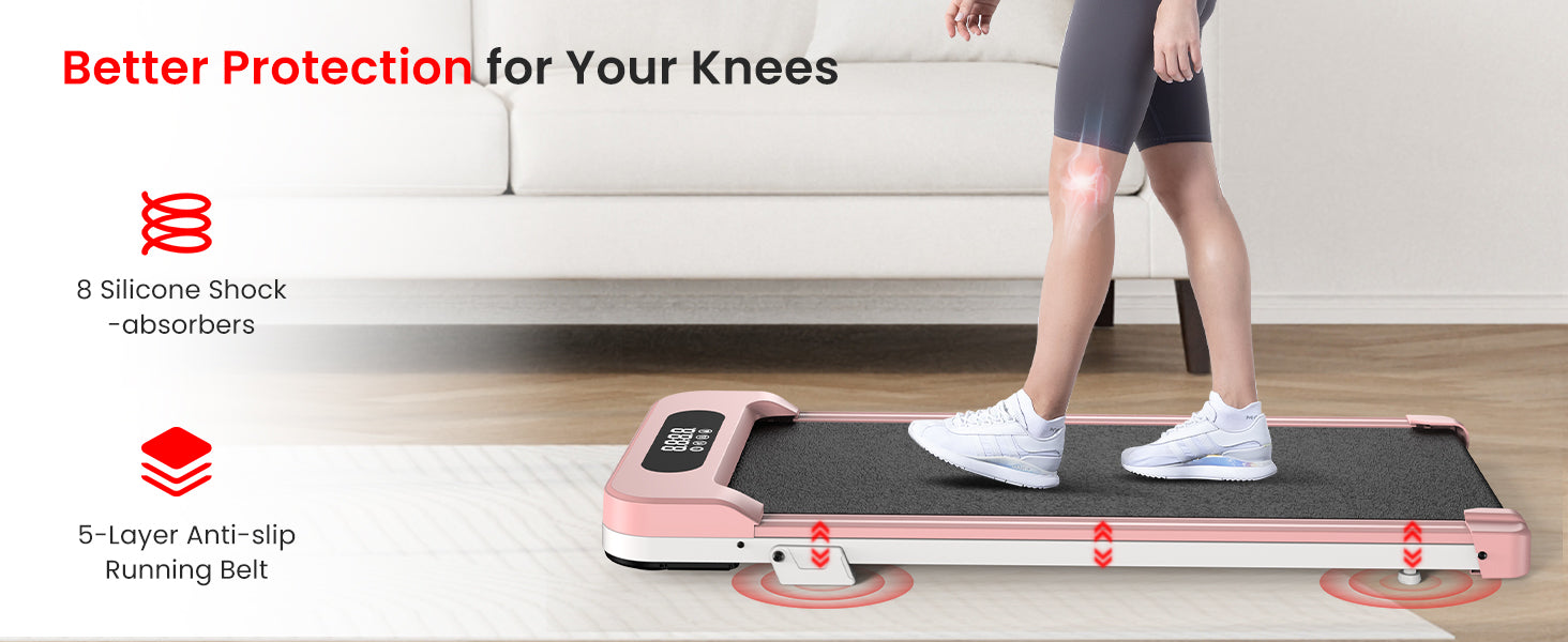 Persoon die een fitnessapparaat voor thuisgebruik gebruikt, met tekst over kniebescherming en productkenmerken.