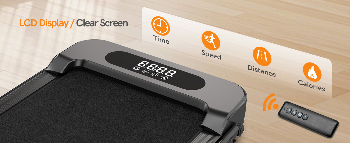 Loopband met digitaal display en afstandsbediening op een houten ondergrond