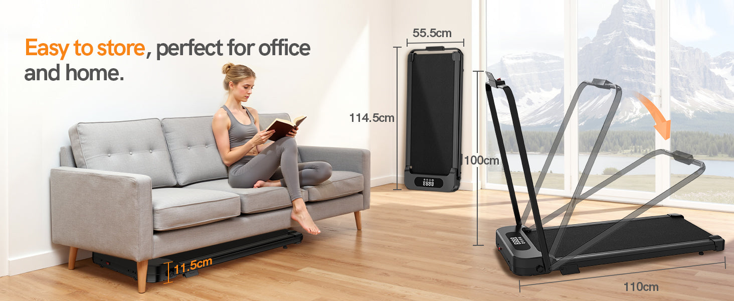 Vrouw leest op een bank met een loopband ernaast, waarop de afmetingen staan ​​aangegeven.