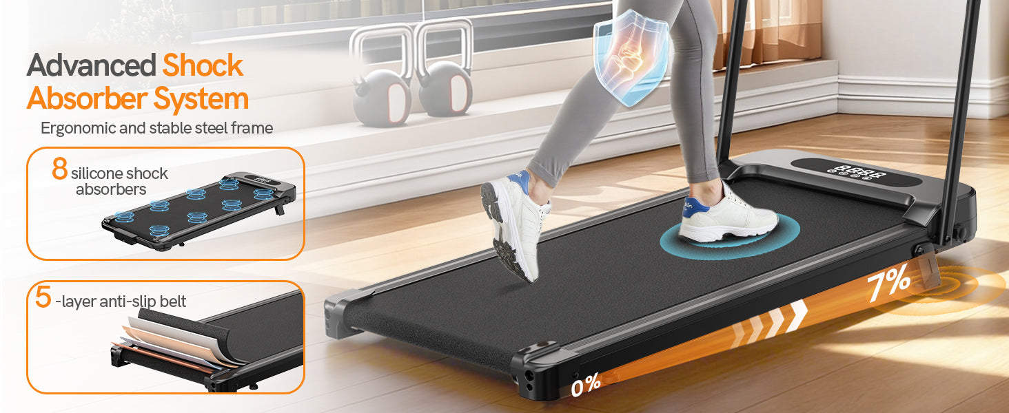 Persoon die een draagbare loopband gebruikt, waarbij de functies op het scherm worden weergegeven.