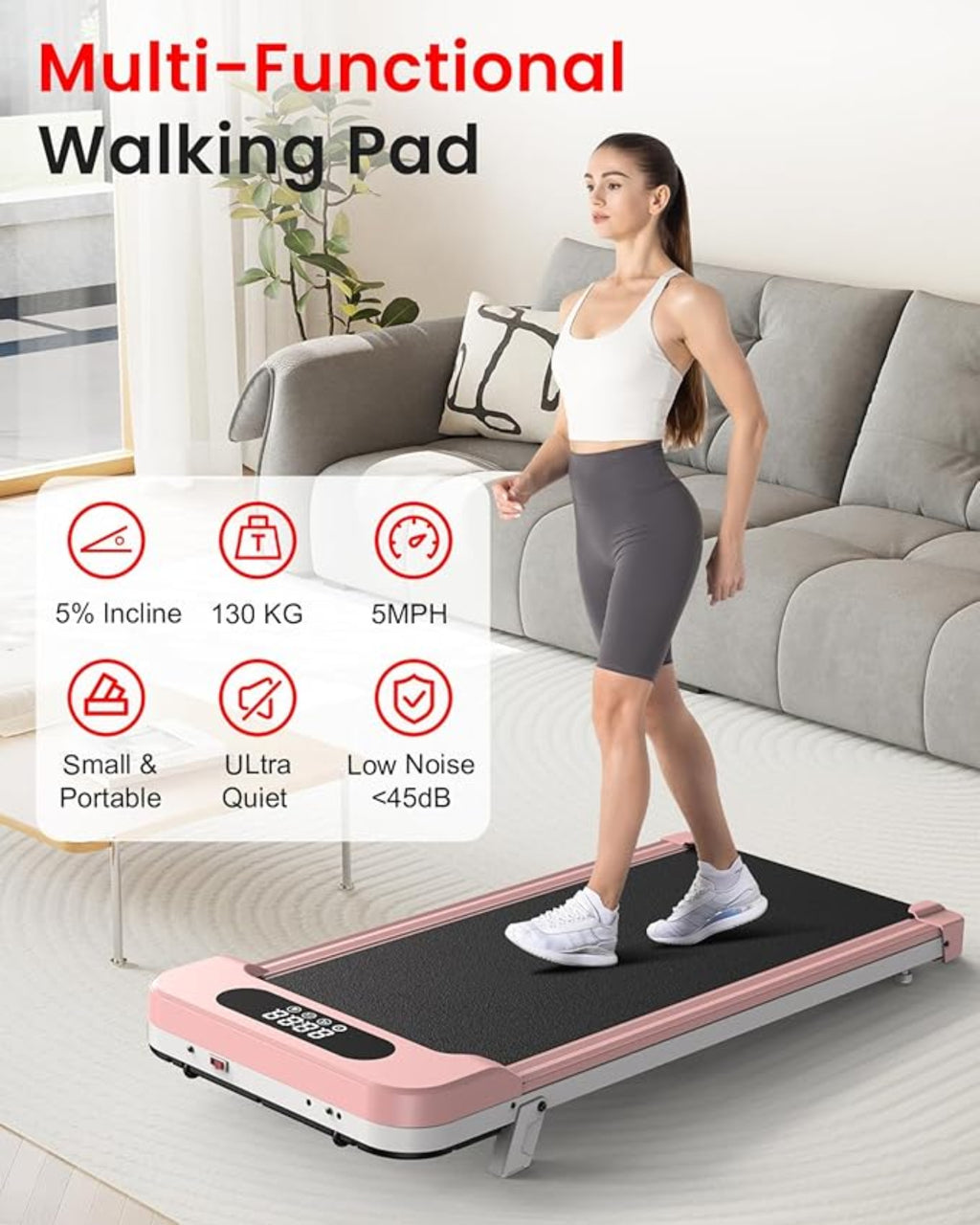 Vrouw die een roze multifunctionele loopmat gebruikt in een woonkamer.