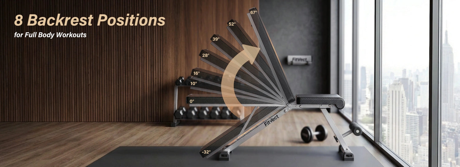 Fitvect onyx adjustable workout bench with 8 backrest positions