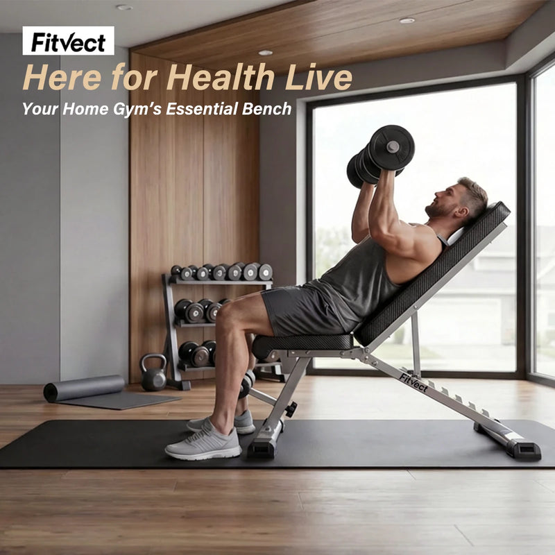 Man using a Fitvect home gym bench with dumbbells in a modern room.