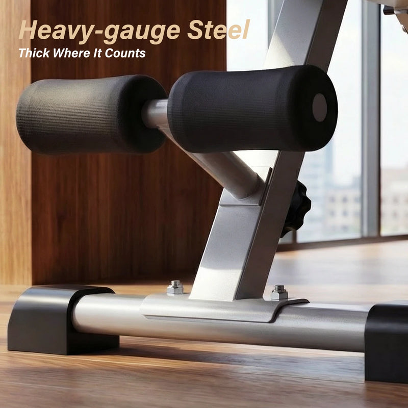 Fitvect onyx weight bench with heavy-gauge steel construction, featuring text 'Heavy-gauge Steel Thick Where it Counts'.