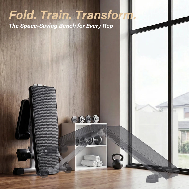 Space-saving Fitvect weight bench in a home gym setting with text 'Fold. Train. Transform.'