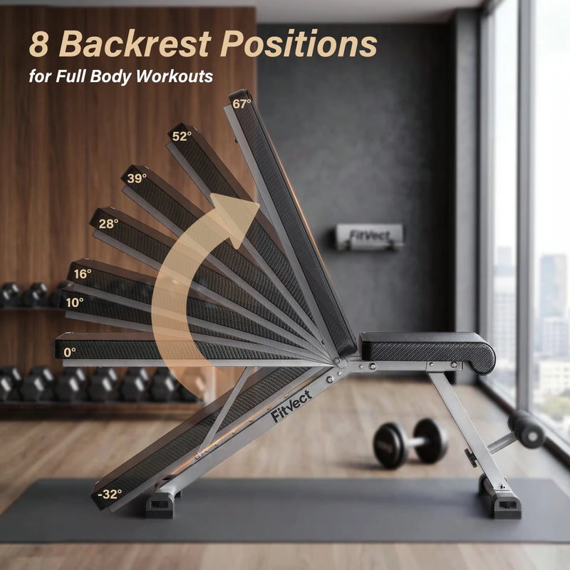 Fitvect onyx adjustable workout bench with 8 backrest positions