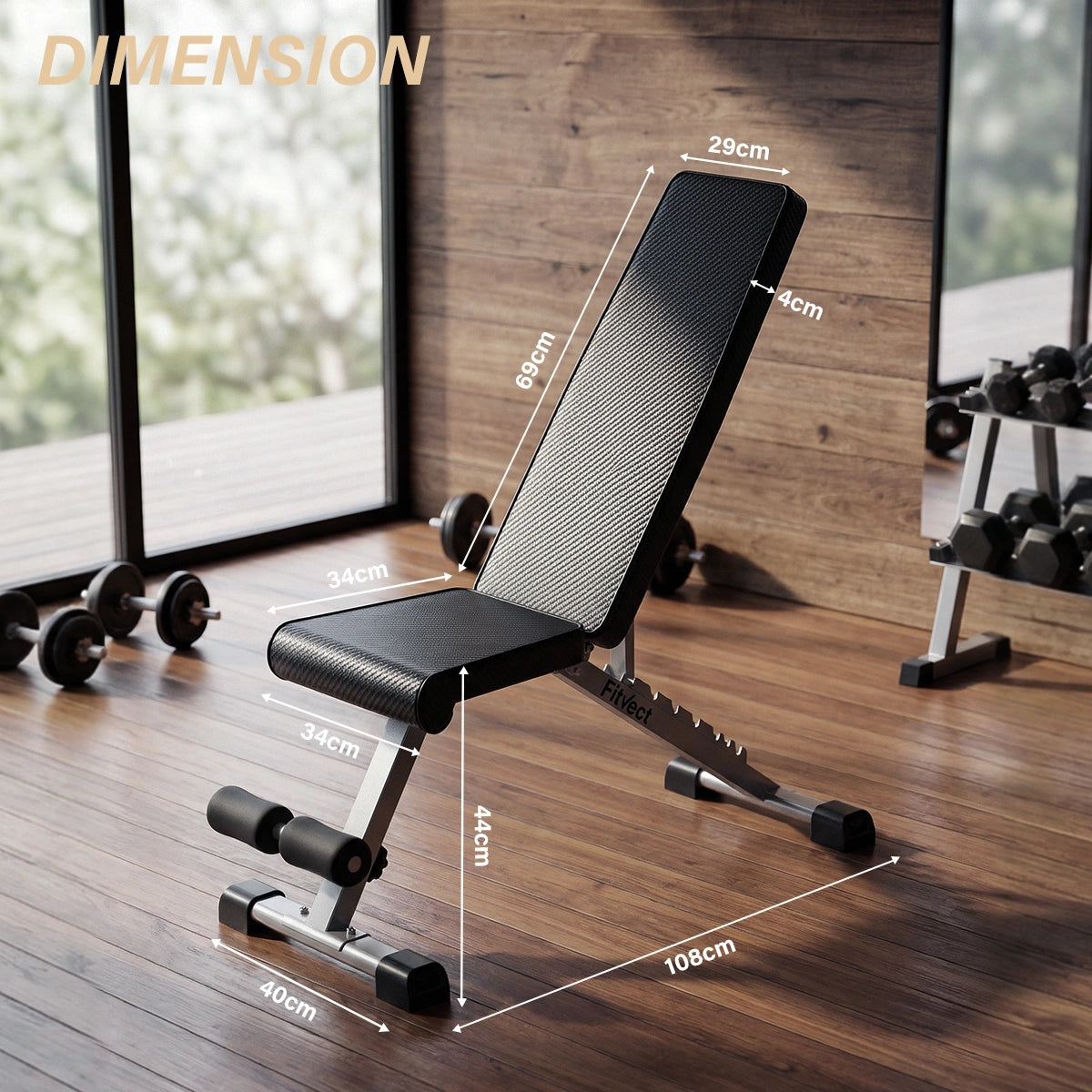 Fitvect onyx adjustable weight bench with dimensions marked in a gym setting