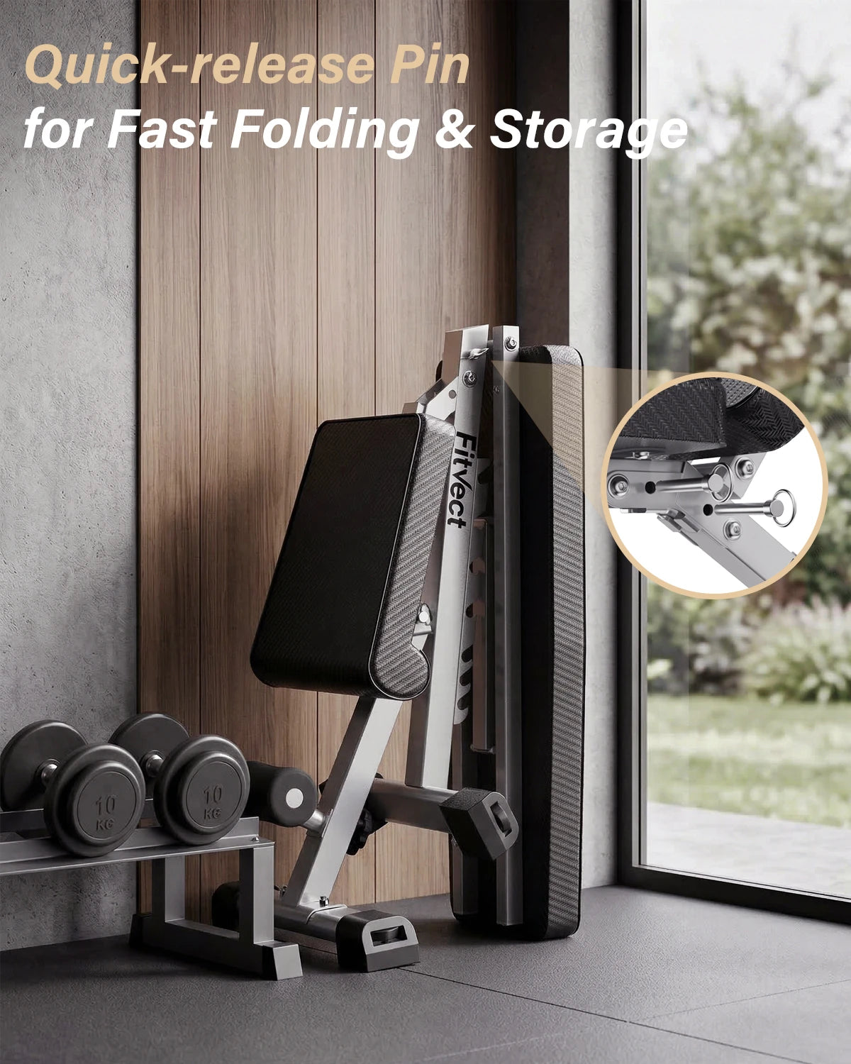 Fitvect onyx fitness bench with quick-release pin feature in a home gym setting