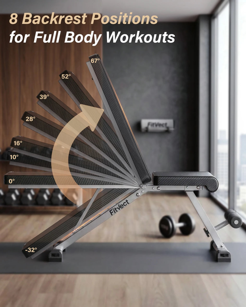 Fitvect onyx adjustable workout bench with backrest positions labeled in a gym setting