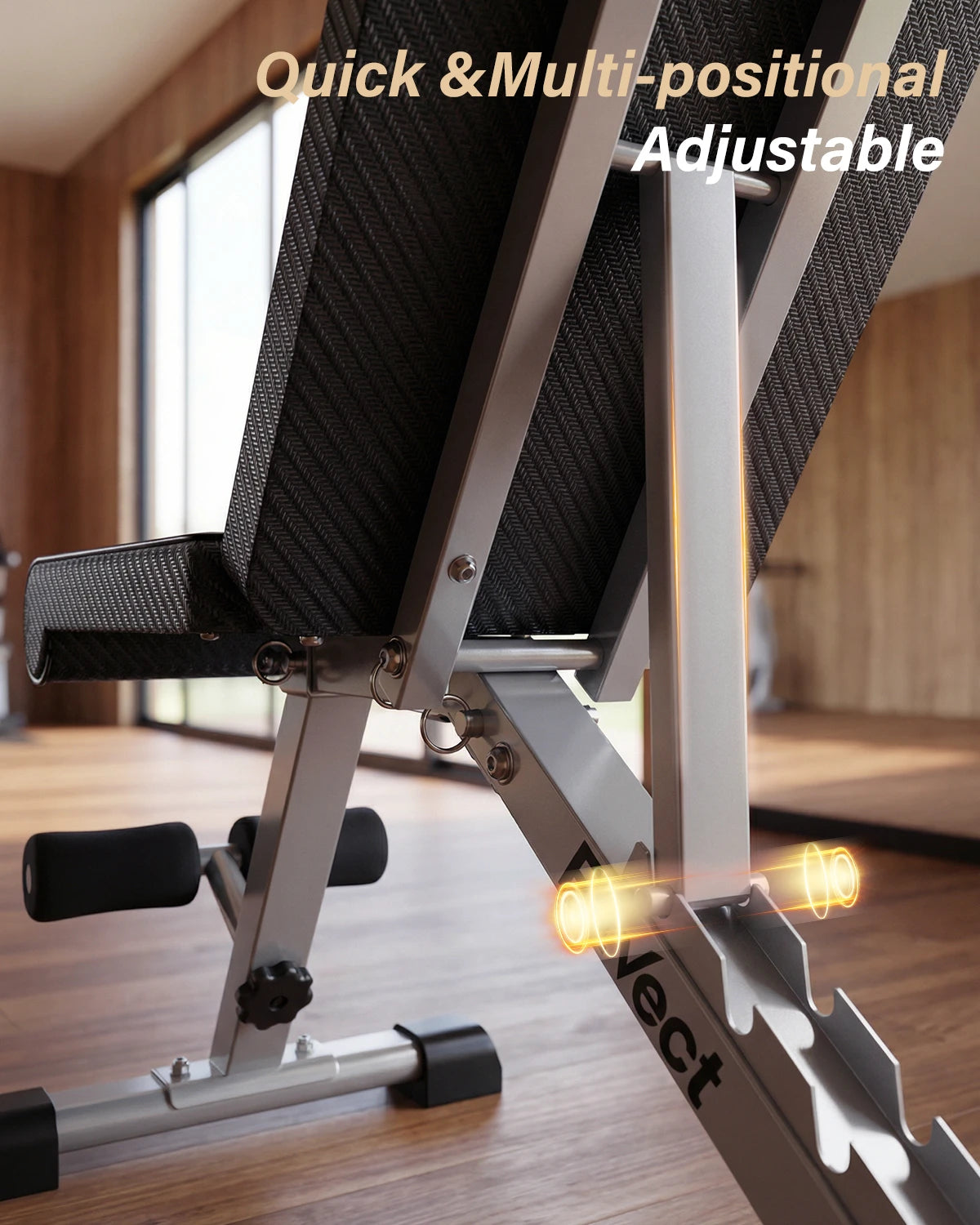 Fitvect onyx adjustable weight bench with 'Quick & Multi-position' text in a home setting