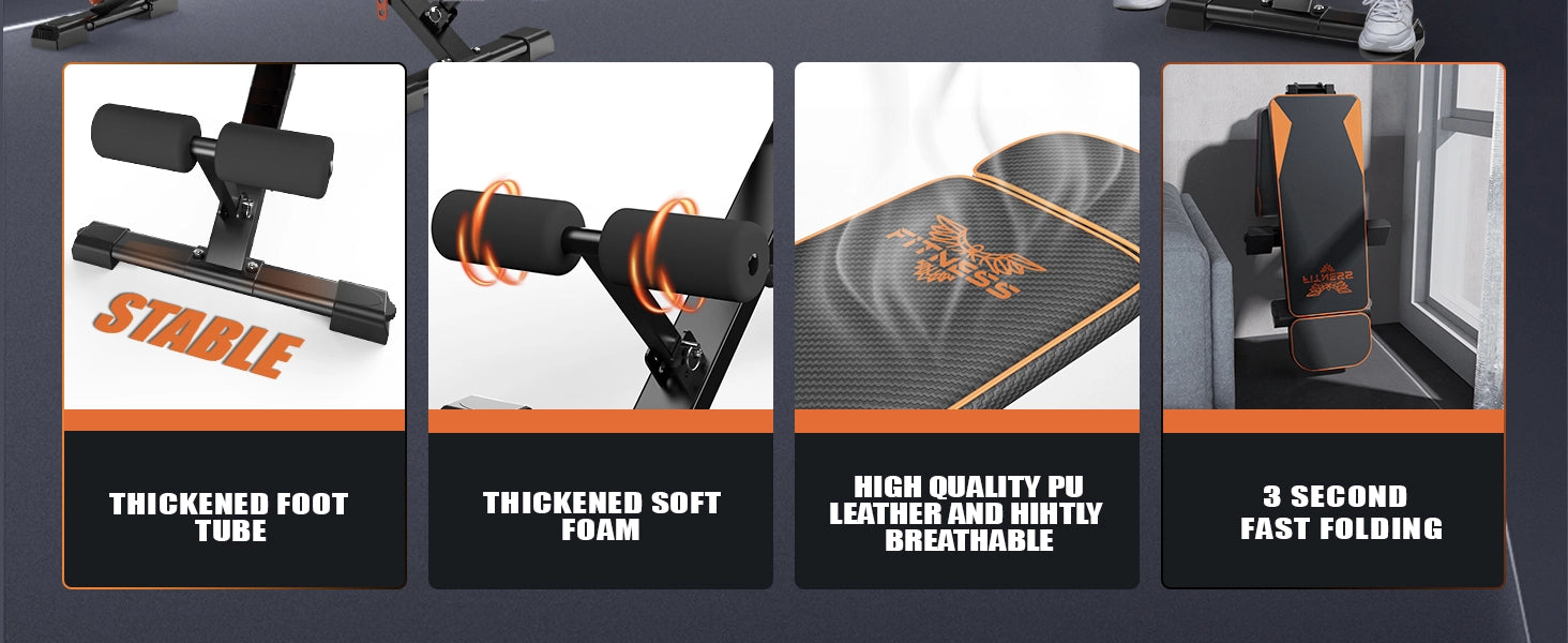 Productkenmerken van een fitnessbank met tekst die de ontwerpelementen benadrukt.