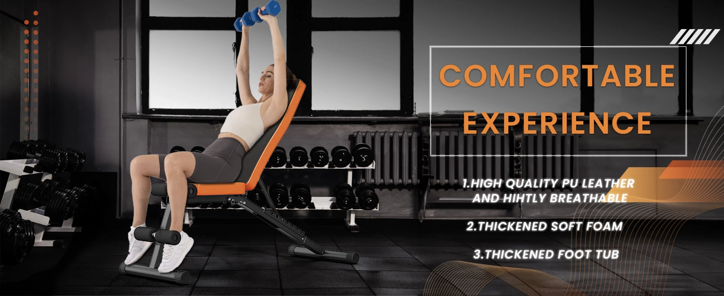 Vrouw die oefeningen doet op een fitnessbank met fitnessapparatuur op de achtergrond.