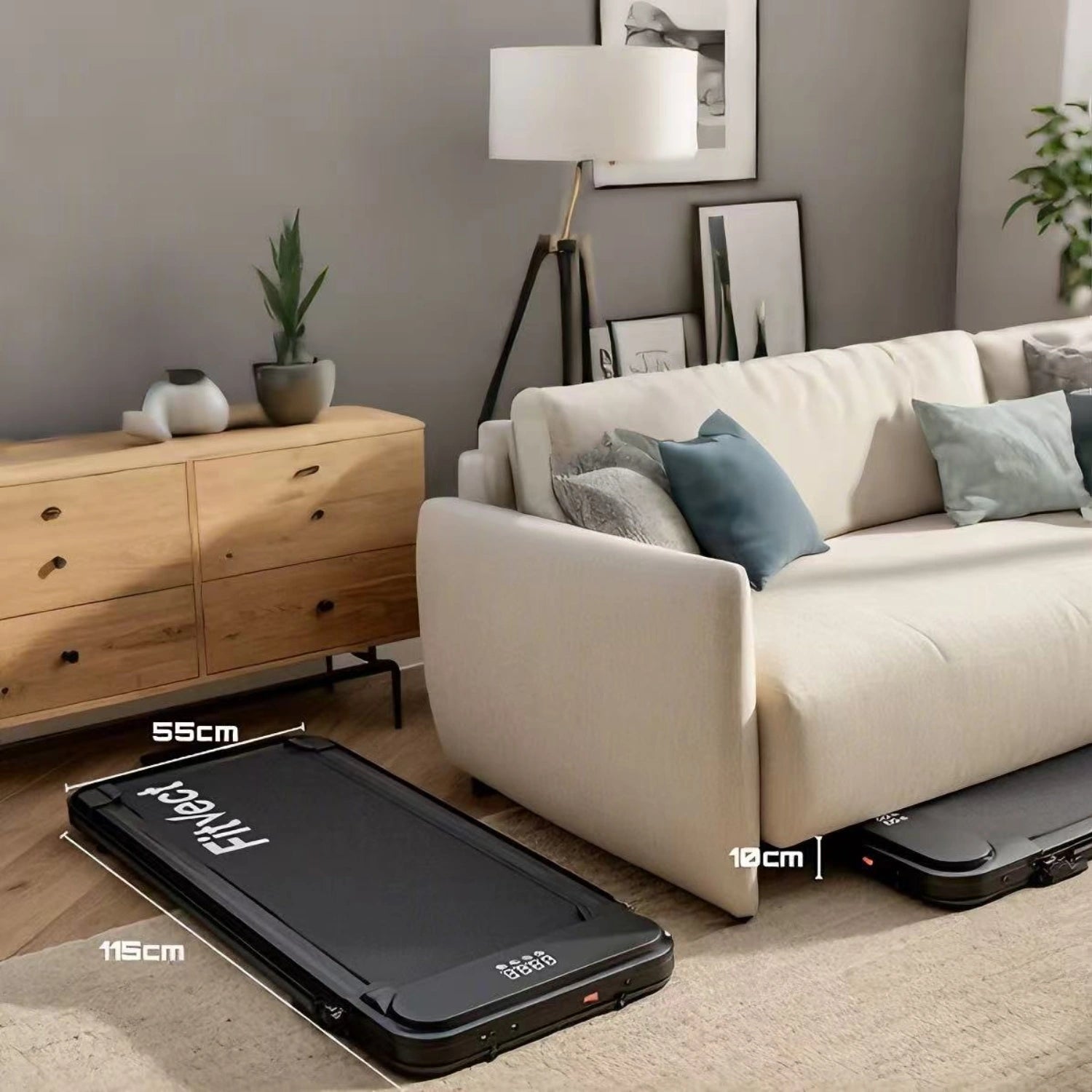 fitvect c1f foldable treadmill on a living room floor with dimensions indicated