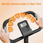 Draagbaar elektronisch apparaat met digitaal display en oranje pictogrammen op een beige achtergrond.