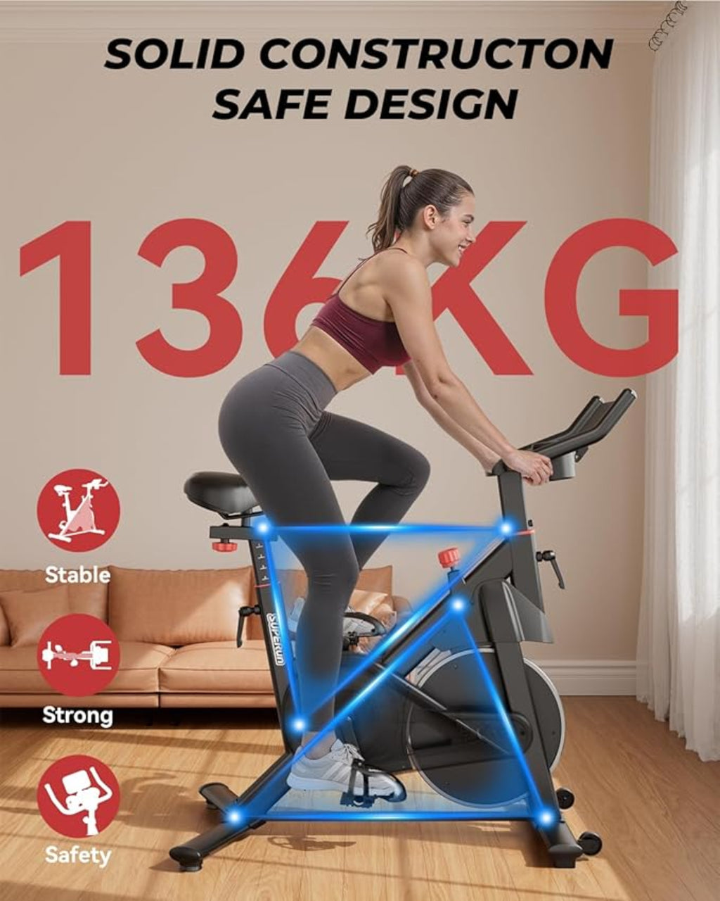 Vrouw die aan het sporten is op een hometrainer, met tekst over het maximale gebruikersgewicht en de kenmerken van de fiets.