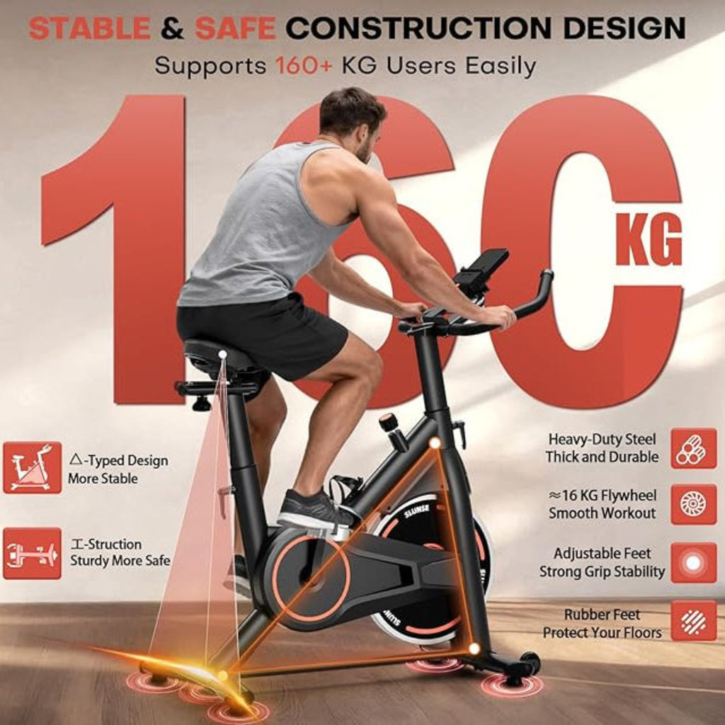 Persoon die een hometrainer gebruikt, met tekst die de kenmerken en het maximale draagvermogen van de fiets benadrukt.