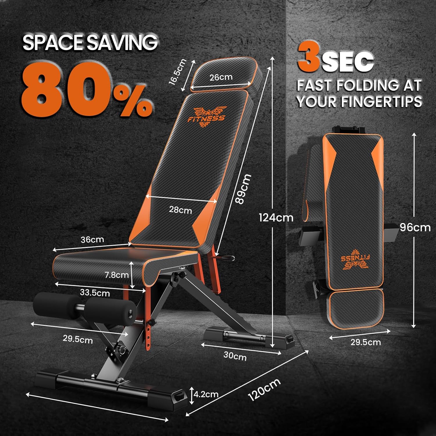 Ruimtebesparende, verstelbare fitnessbank met details over afmetingen en inklapfunctie op een donkere achtergrond.